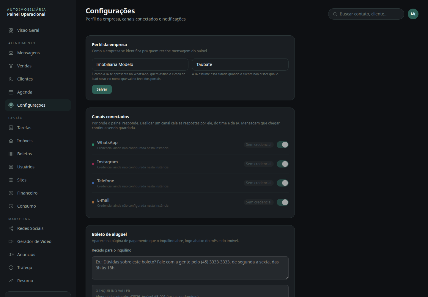 Tela de Configurações